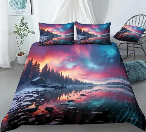 Miniatura 7 de REALIN Hawthorn Bedding - Juego de funda de edredón 3D, juego de cama de bosque japonés y río de montaña de 2/3/4 piezas, fundas de edredón