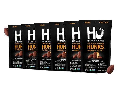 Hu Hunks - Almendras veganas cubiertas de chocolate con sal marina, paquete de 6 unidades, sin OMG, sin gluten, paleo, chocolate negro orgánico