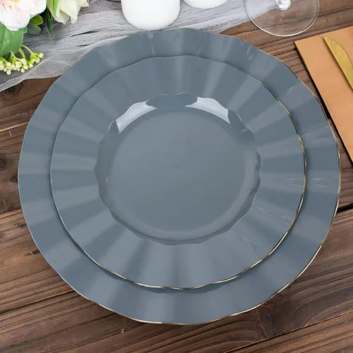 Miniatura 172 de Tableclothsfactory Paquete de 10 platos redondos de plástico negro de 6 pulgadas para ensalada de postre, platos desechables con borde ondulado