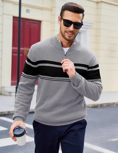 Miniatura 44 de MAGCOMSEN Suéteres de algodón con cremallera de 1/4 para hombre, suéter tipo polo, a rayas, para otoño e invierno, sudaderas cálidas