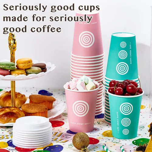 Miniatura 7 de JollyPack Paquete de 100 tazas de papel para café de 12 onzas con tapas y agitadores en rosa y verde. Ideal para café, jugo, té, uso doméstico