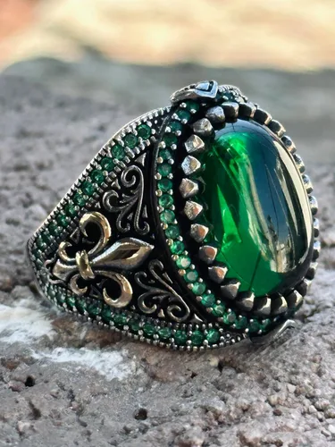 Miniatura 5 de Silver Handmade Ring, Emerald Stone Ring, Silver Green Zircon Stone Ring, Engraved Silver Ring, Ottoman Style Ring, Gift For Him
