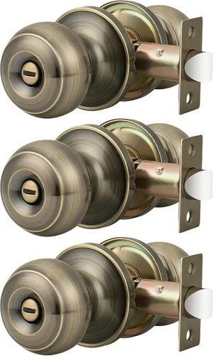 Miniatura 33 de Probrico Paquete de 6 pomos de privacidad para puerta, cerradura interior para dormitorio, baño, manija de puerta de latón antiguo, bola redonda sin