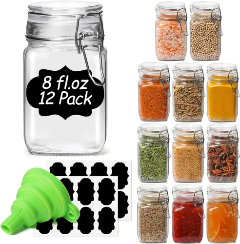 ComSaf Juego de 12 tarros cuadrados de vidrio con tapas herméticas (8 onzas), recipientes de despensa para especias, mermeladas y hierbas, tarro con