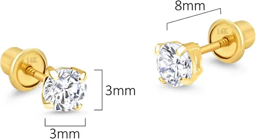 Miniatura 2 de Lovearing - Aretes de poste de oro amarillo de 14 quilates con circonitas cúbicas redondas de 2 3 4 5 y 6mm