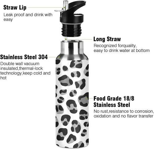 Miniatura 3 de Leopard Print Black Grey White Insulated Stainless Steel Water Bottle with Straw 20 Oz Leakproof Water Bottles, BPA-Free Sport Water Bottle