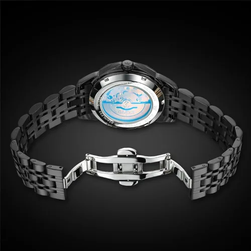 Miniatura 7 de OLEVS Reloj de pulsera automático con diseño de esqueleto para hombre, de lujo, con diamantes de lujo, de acero inoxidable, calendario, reloj
