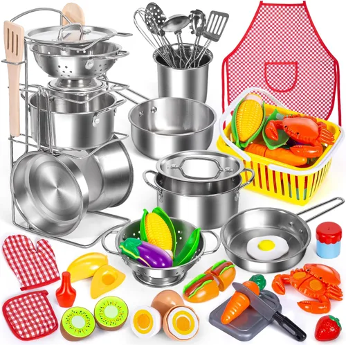 Juego de accesorios de cocina para niños, juego de 32 artículos de ollas y sartenes de acero inoxidable con organizador de estante, utensilios de