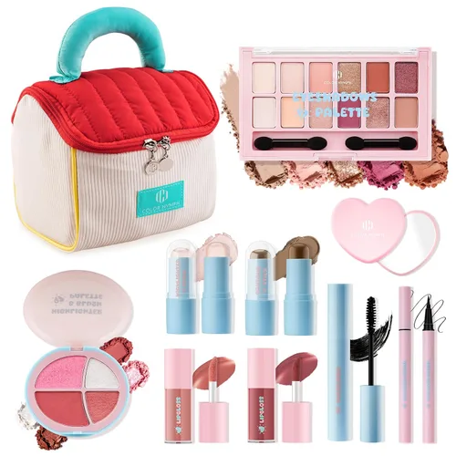 Color Nymph Kit de maquillaje todo en uno para adolescentes y niñas principiantes con bolsa de maquillaje, juego de regalo de maquillaje para niñas