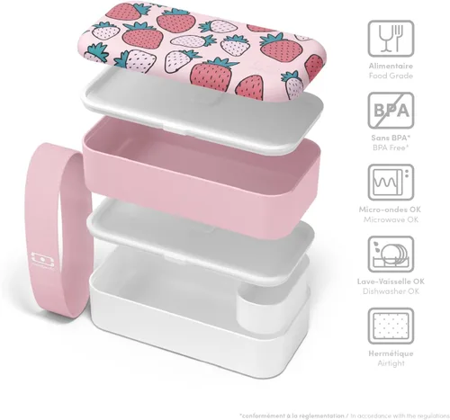 Miniatura 3 de Monbento - Caja Bento Adulto MB Original con diseño de fresa - 2 Compartimentos a Prueba de Fugas - Lonchera Apilable Ideal para Rosa