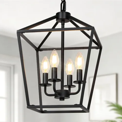 Miniatura 8 de Lámpara de araña de granja de 4 luces, lámpara de techo rústica tipo linterna con jaula de metal pintado de madera y cadena ajustable, luminaria