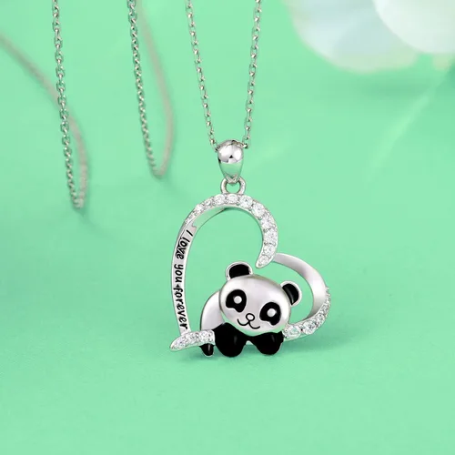 Miniatura 2 de ACJNA 925 Sterling Silver Panda Bear Necklace Bamboo Heart Pendant Engraved I love You Forever Women Jewelry