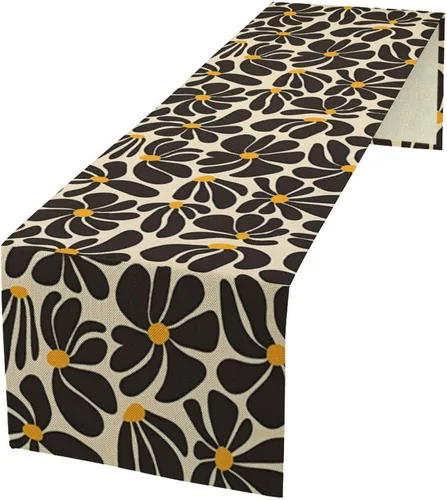 Camino de mesa floral hippie de los años 70, diseño retro abstracto de margaritas negras, camino de mesa rústico para cocina, mesa de comedor,