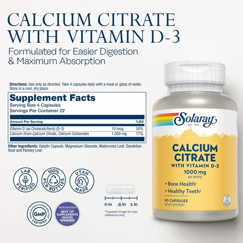 Miniatura 2 de Solaray Citrato de calcio con vitamina D3 1000 mg – Fuerza ósea y apoyo dental saludable – Fórmula de digestión suave – Verificado por laboratorio