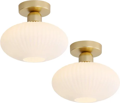 KCO Lighting - Lámpara de techo de latón antiguo, lámpara de techo semiempotrada de vidrio de leche vintage, lámpara de techo pequeña dorada para la