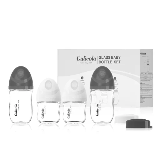 Gulicola Juego de 4 Biberones de Vidrio Natural para Bebé, Biberones de Lactancia Materna para Recién Nacido Niño con Pezones de Flujo Lento, 0