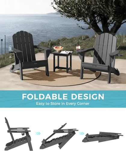 Miniatura 8 de Silla Adirondack plegable, silla Adirondack de HDPE con 2 soportes para tazas, sillas para fogatas al aire libre de fácil montaje para patio, Negro