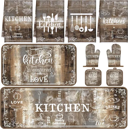 Miniatura 15 de Fourluoo Juego de 10 piezas de decoración de cocina con lazo rosa, 4 paños de cocina a cuadros rosados, 2 soportes para ollas, 2 guantes de horno, 2