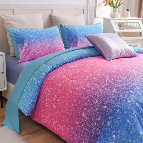 Miniatura 7 de A Nice Night Juego de ropa de cama de 6 piezas con purpurina degradada para niñas, tamaño Twin, juego de edredón colorido de galaxia arcoíris, Azul