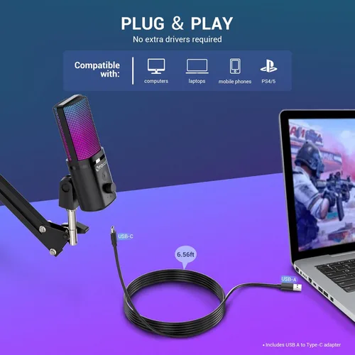 Miniatura 2 de FDUCE Micrófono USB para juegos RGB, micrófono condensador con silencio, ganancia, monitoreo, brazo de boom para transmisión, podcast, Twitch