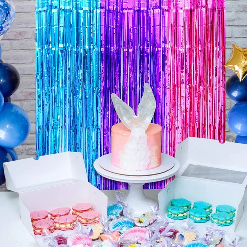 Miniatura 3 de LOLStar Decoraciones de cumpleaños de Sirenita, paquete de 2 cortinas de flecos de papel de aluminio de oropel azul púrpura fucsia de 3.3 x 6.6