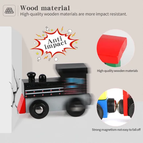 Miniatura 4 de Wondertoys Juego de tren de madera de 16 piezas, incluye bolsa de almacenamiento, accesorios de pista de madera, juego de automóvil magnético