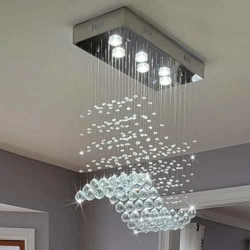 Miniatura 3 de Araña moderna de onda, araña rectangular de cristal con gotas de lluvia, montaje empotrado, lámpara colgante de techo cromada, ideal para comedor