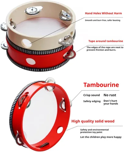 Miniatura 5 de Tambor de pandereta de mano, tambor de mano de 8 pulgadas, jingles de metal de abedul, regalo de percusión, instrumento educativo musical, fiesta