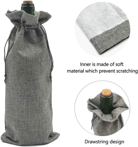 Miniatura 5 de 10 bolsas de vino de arpillera, bolsas de regalo de lino reutilizables con cordón para botellas de licor, bolsas de champán para degustación de Gris