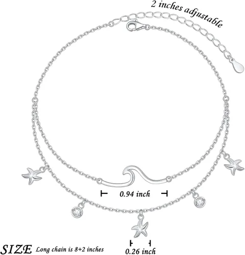 Miniatura 6 de Tobillera ondulada para mujer, de plata de ley S925, ajustable, con estrellas de mar en capas, océano, playa, mar, tobillera