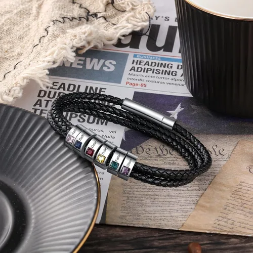 Miniatura 26 de Pulsera personalizada para el Día del Padre para hombre, pulseras personalizadas de cuero trenzado negro con cuentas grabadas de 1 a 8 nombres