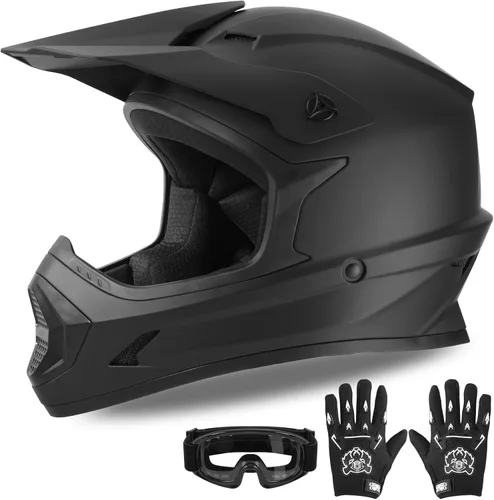 XFMT - Juego de casco DOT de cara completa con gafas y guantes para motocross, cuatrimoto y vehículos todoterreno para niños y jóvenes, diseño negro