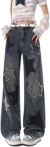 Lafaguw Pantalones de mezclilla holgados Y2k para mujeres, adolescentes, niñas, pantalones de estrella, gráficos, tiro bajo, jeans vintage estéticos