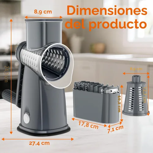 Miniatura 9 de MealHelper Rallador de queso rotativo de 5 cuchillas con manivela manual y caja de almacenamiento, picador de verduras, triturador de queso para Gris