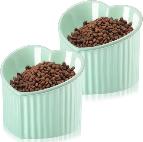 Mumufy 2 piezas de cuencos elevados de cerámica para gatos, cuencos para mascotas inclinados elevados y antivómito, plato para gatos en forma de