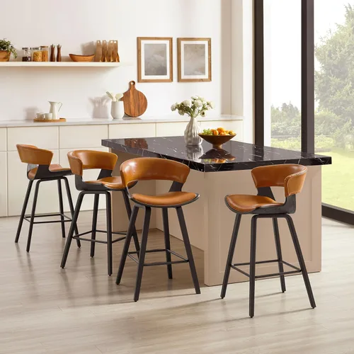 Miniatura 6 de Art Leon Juego de 4 taburetes de bar modernos de mediados de siglo con respaldo, taburetes tapizados de piel sintética con patas de madera maciza