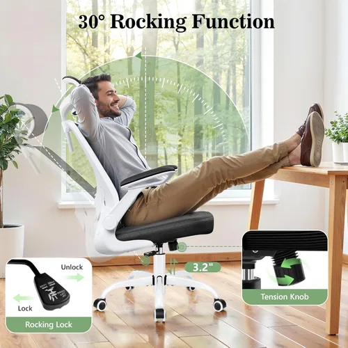 Miniatura 8 de BESTFAIR Silla de oficina ergonómica, sillas de oficina de malla transpirable con soporte lumbar ajustable, brazos abatibles, silla de escritorio