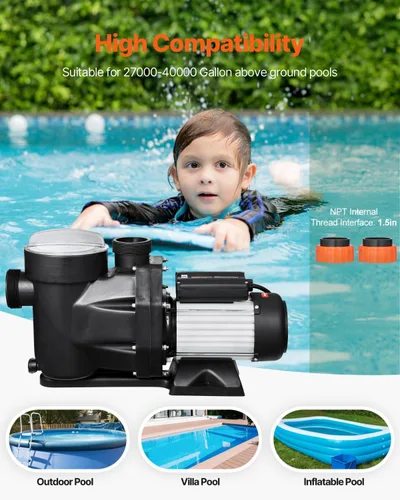 Miniatura 4 de VEVOR Bomba de piscina sobre el suelo, 2.5 HP, 148 GPM Max Flow Bomba de piscina de una sola velocidad, 220 V, 3450 RPM, elevación máxima de cabeza