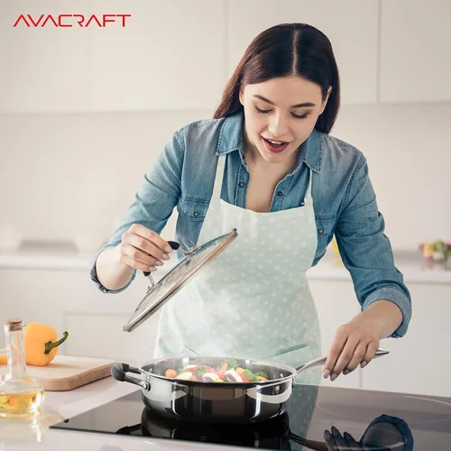 Miniatura 7 de AVACRAFT Sartén de acero inoxidable de tres capas 18/10 con tapa, mango auxiliar, inducción y estufa, sartén versátil de acero inoxidable