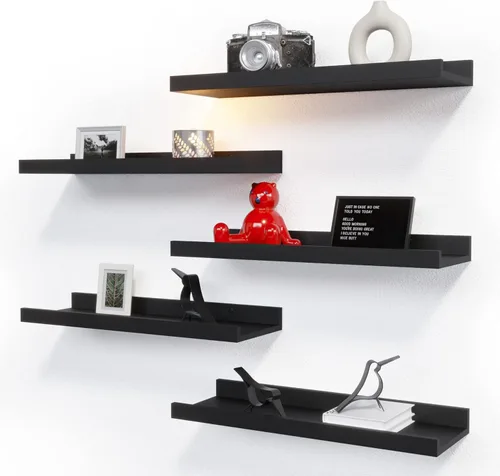Miniatura 11 de RICHER HOUSE Juego de 3 estantes flotantes para pared, estantes negros de 16 pulgadas para montar en la pared con borde para almacenamiento, estante
