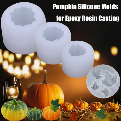 Miniatura 4 de (Paquete de 4) Moldes de vela de calabaza con molde de hoja, juego de moldes de silicona 3D de calabaza grande + mediana + pequeña para velas, cera