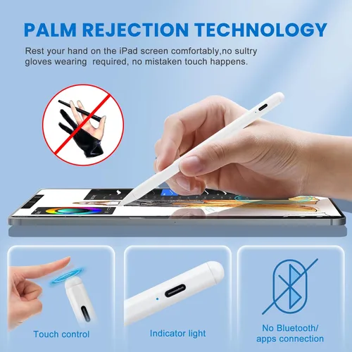 Miniatura 2 de Lápiz capacitivo para iPad de 6ª/7ª/8ª/9ª/10ª generación con rechazo de palma, recargable tipo C, punta fina de 0.069 pulgadas, compatible con Apple