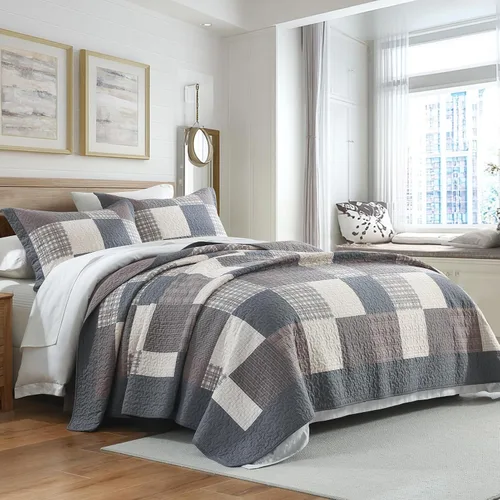 Miniatura 2 de KALOOLA Colcha de granja tamaño King – Juego de ropa de cama acolchada ligera 100% algodón, 3 piezas, colcha a cuadros estampada con 2 fundas