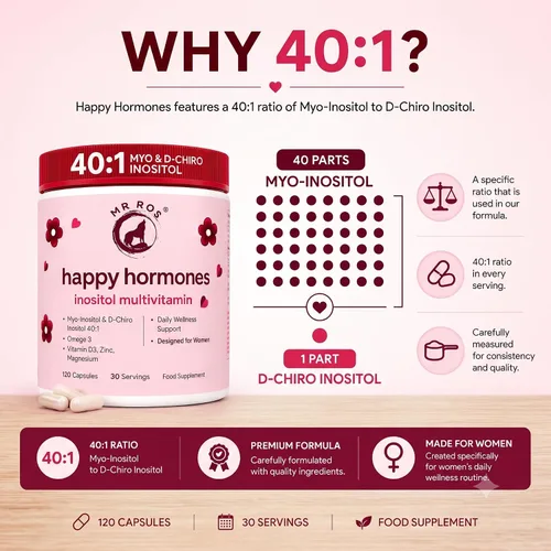 Miniatura 5 de Hormonas Felices • Multivitaminas para PCOS para Mujeres – Inositol Myo & D-Chiro 40:1, Omega-3, Vitamina D3, Zinc y Magnesio • Equilibrio Hormonal