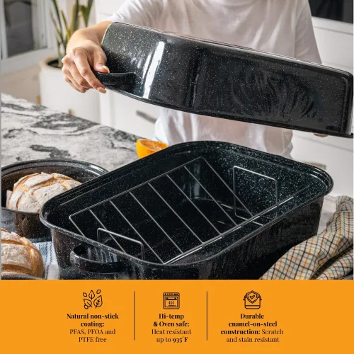 Miniatura 8 de Granite Ware Juego de tostador rectangular de 25 libras (10 unidades), incluye tapa, estante en V, paquete de 2 bolsas de salmuera, termómetro