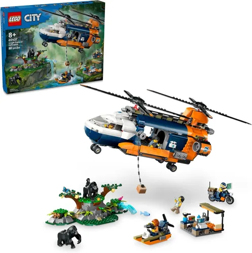 LEGO City Jungle Explorer - Helicóptero de juguete explorador de la jungla en el campamento base, juego de construcción de aventuras para niños y
