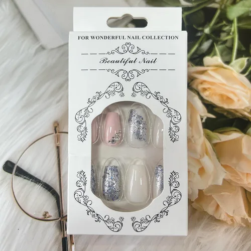 Miniatura 5 de Uñas postizas artificiales a presión de longitud media con diseño de lentejuelas plateadas, cobertura completa, reutilizables, rosadas