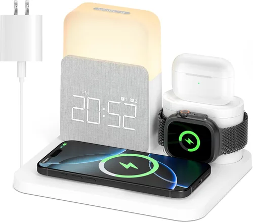 Miniatura 9 de Estación de carga de reloj despertador para dormitorios, estación de carga inalámbrica 7 en 1, cargador magnético con luz nocturna para iPhone 17