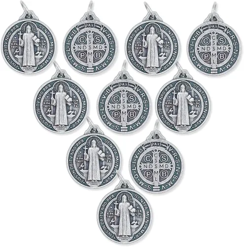 Caritas et Fides Paquete de 10 colgantes de medalla de San Benito 34 pulgadas redondas de plata oxidadas de San Benito para collar medallas para