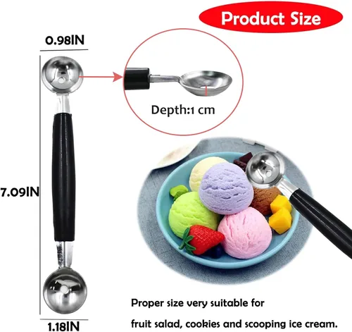 Miniatura 2 de Paquete de 2 cucharas de bola de helado de fruta de doble extremo, bola de fruta de acero inoxidable 430, bolas de melón redondas lisas para sandía